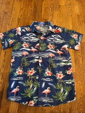 SSLR Boys Navy Tropical Flamingo Hawaiian Shirt Size Large